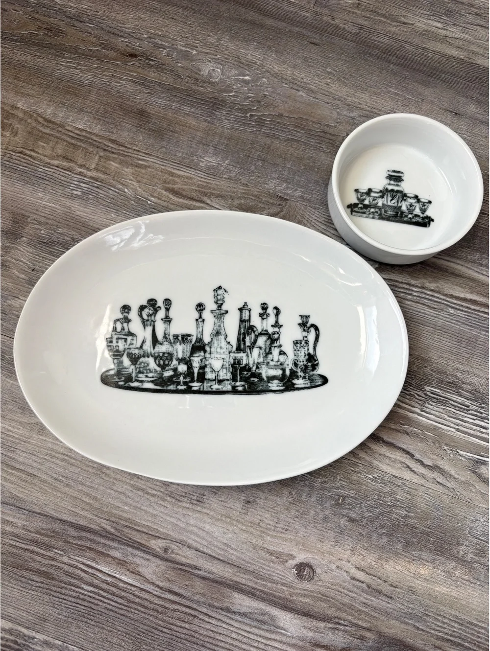 Vintage California Pantry Classic Ceramics Black White Serving Platter & Bowl